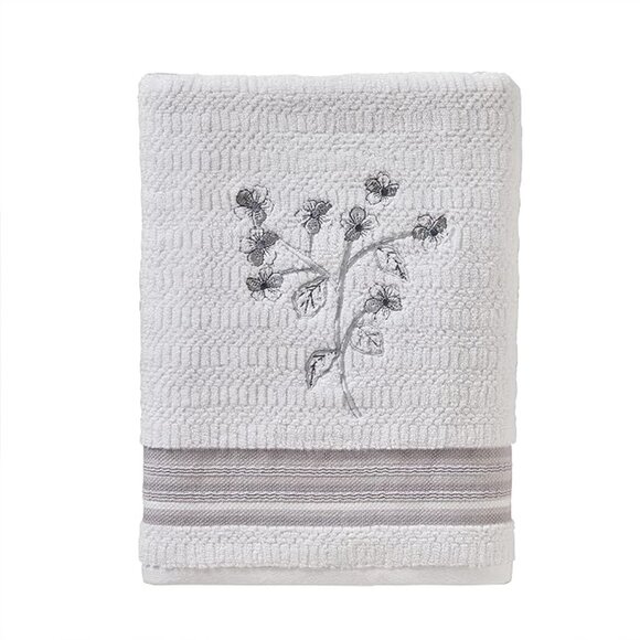SKL Home Timeless Leaves Cotton Bath Towel Set – 2-Piece | White with Leaf Embro - Picture 1 of 4
